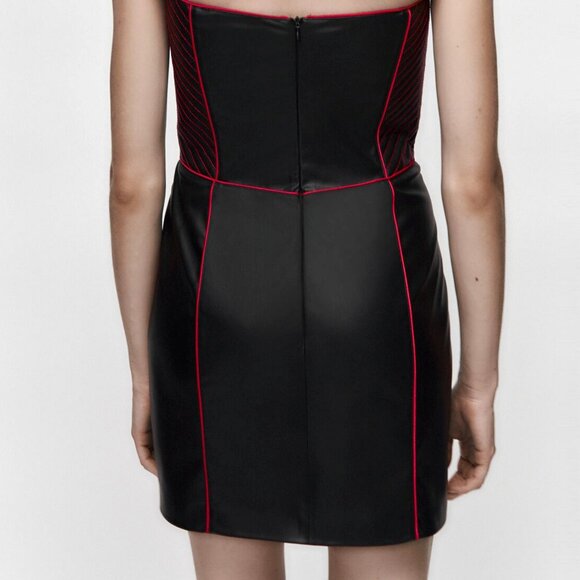NEW ZARA Faux Leather Strapless Corset Mini Dress- Contrast Stitching- Size L - Picture 8 of 15